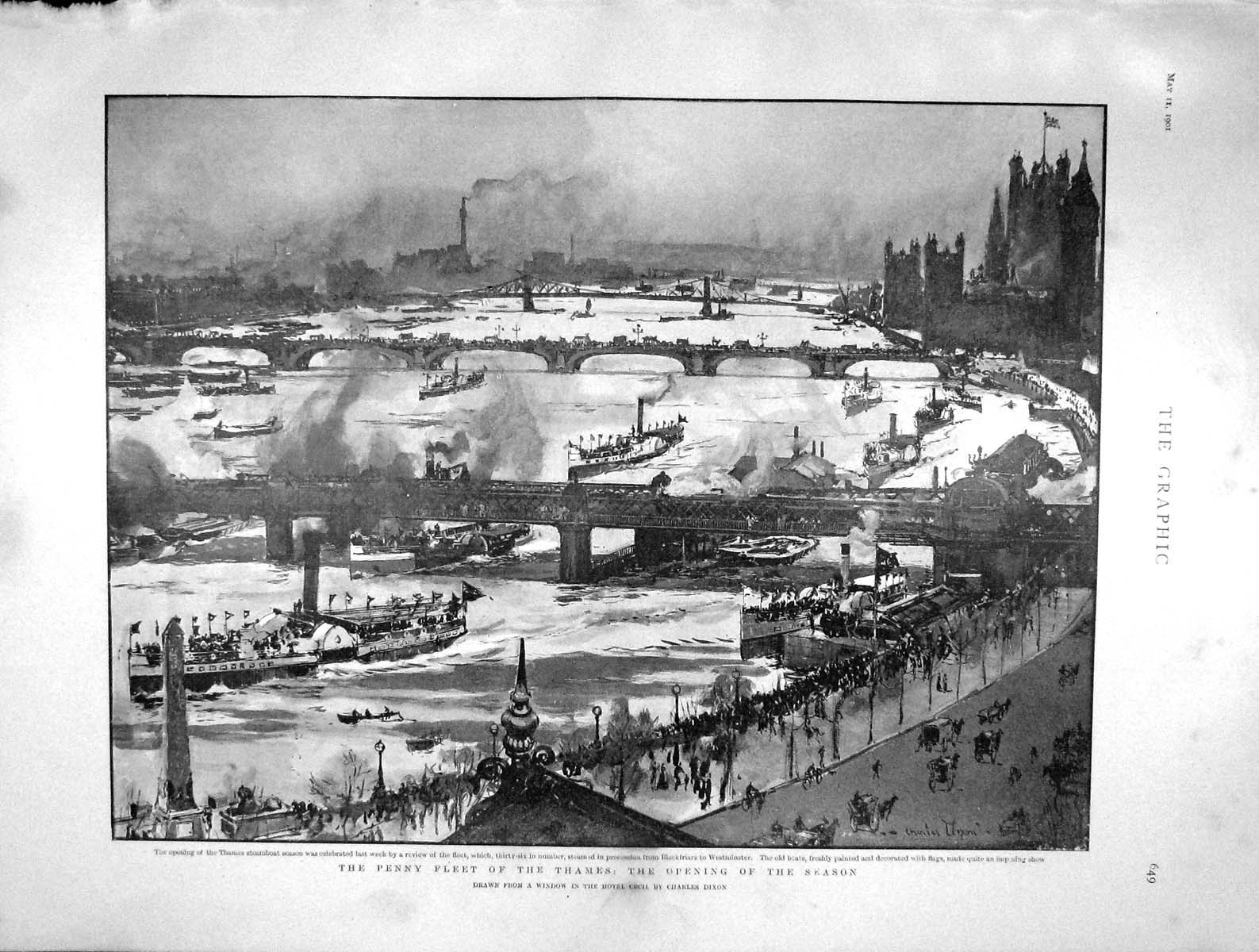 Original Old Antique Print 1901 Penny Fleet Boats Thames London Buddhist Priest