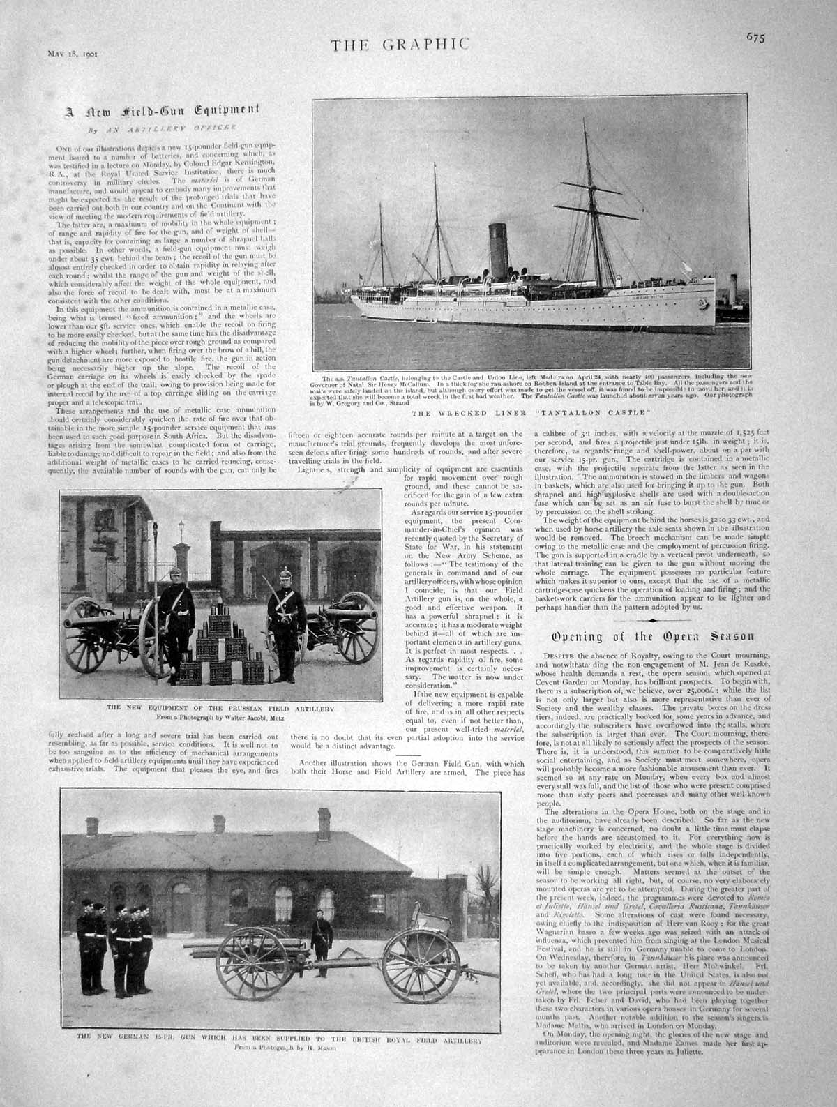 Old Antique Print 1901 Liner Ship Tantallon Castle War Guns Japanes Ashai 20th
