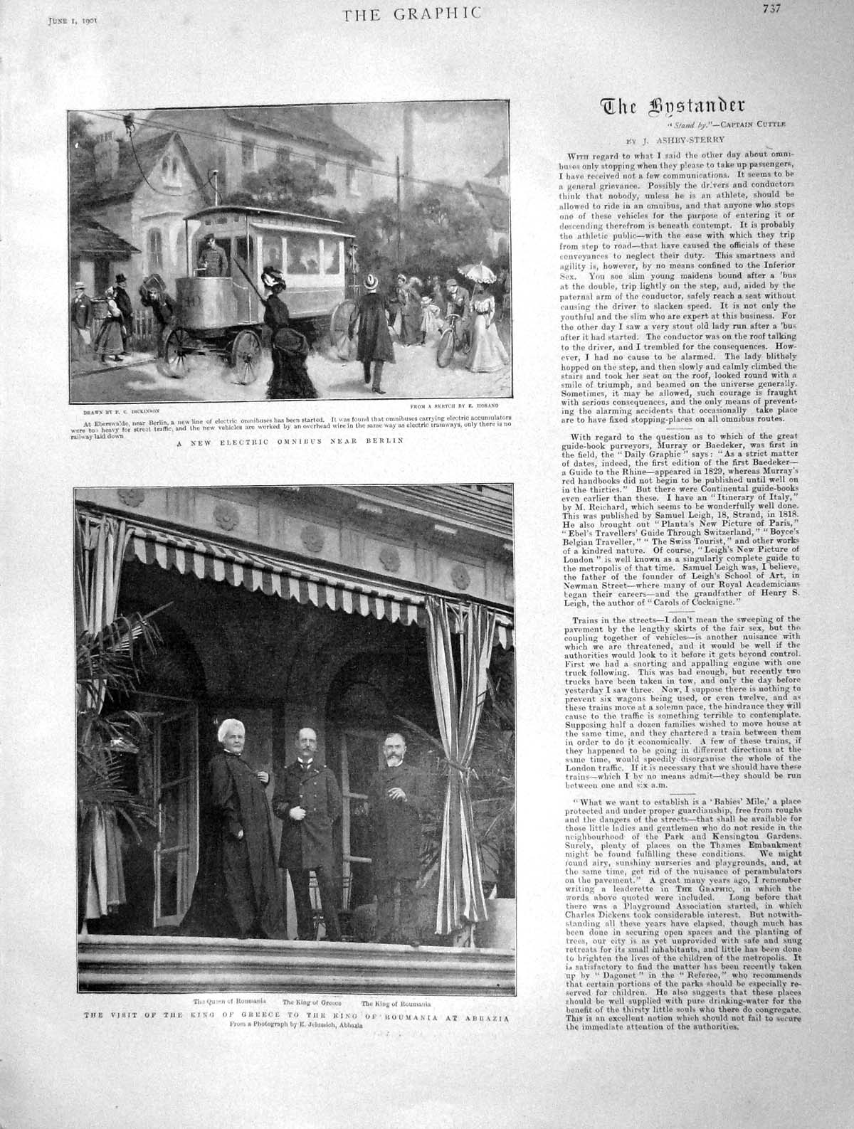 Original Old Antique Print 1901 Electric Omnibus Berlin King Greece Roumania
