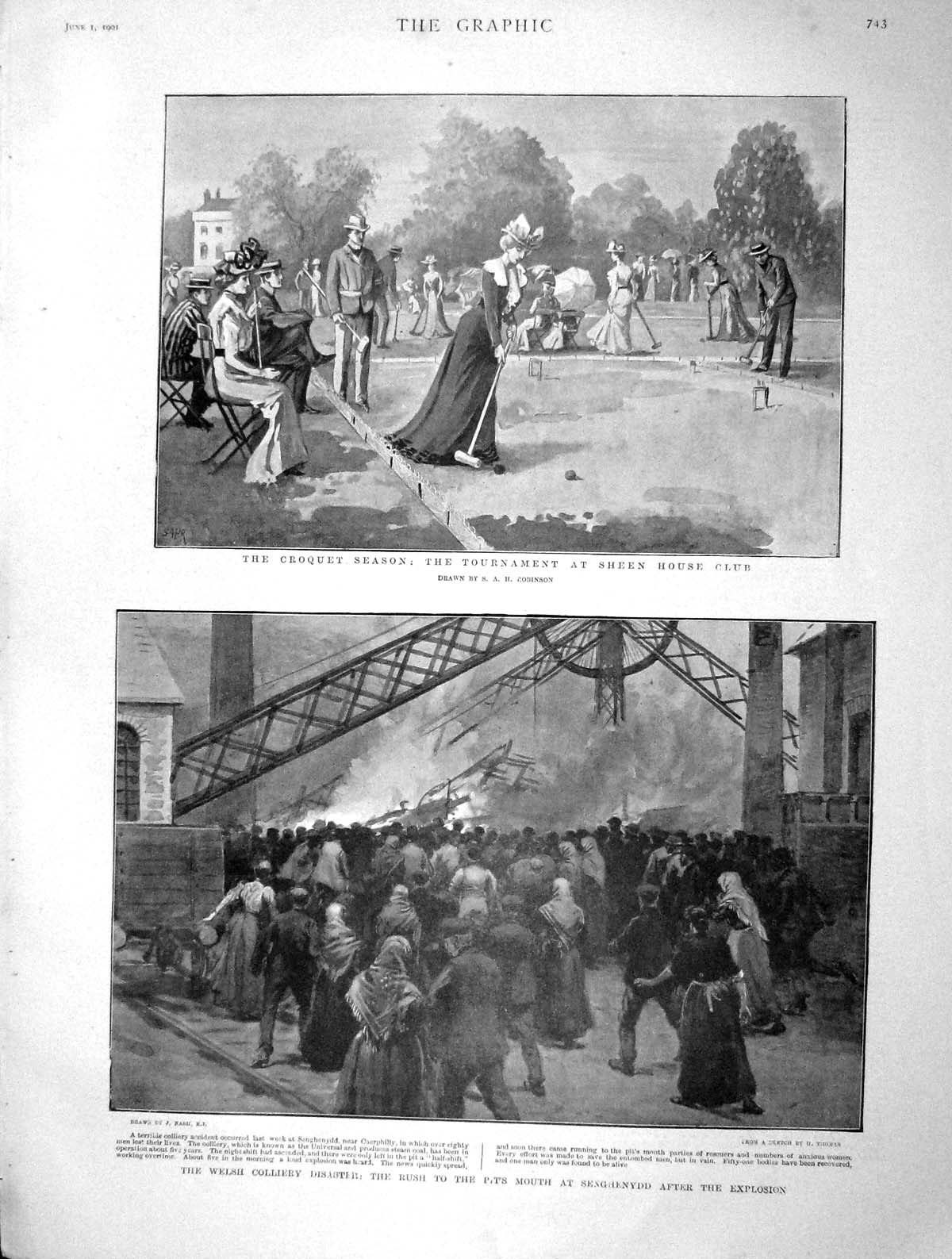 Original Old Antique Print 1901 Croquet Sheen House Welsh Colliery Pits Sen 20th