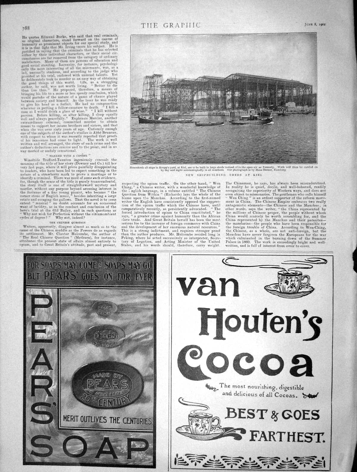 Old Antique Print 1901 Shipbuilding Sheds Kiel Pear'S Soap Houtens Cocoa 20th