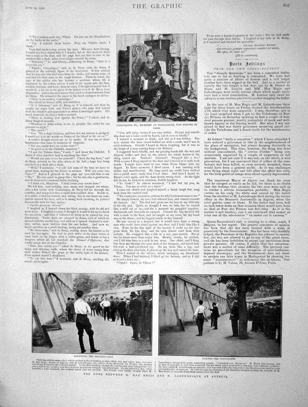 Original Old Antique Print 1901 Banavalona Queen Madagascar Duel Regis Auteuil