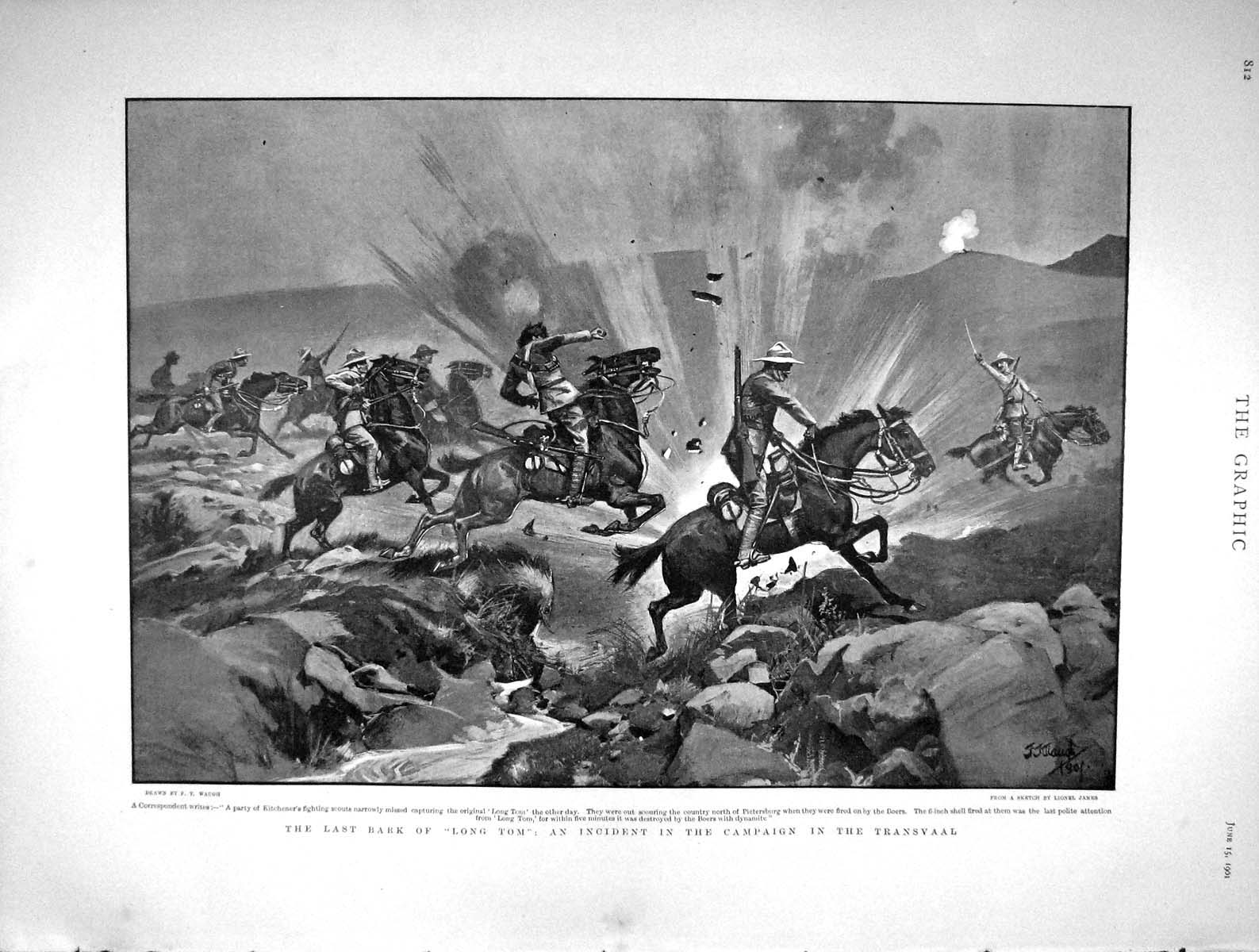 Original Old Antique Print 1901 Lord Kitchener Scouts Long Tom Transvaal War