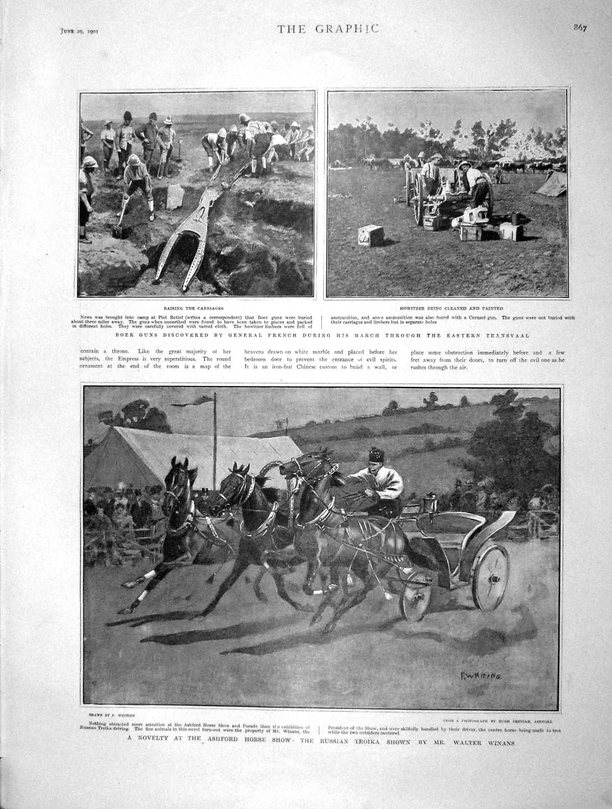 Original Old Antique Print 1901 Ashford Horse Show Russian Troika Boer Guns War