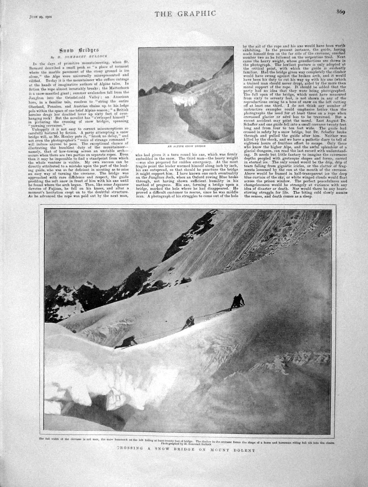 Original Old Antique Print 1901 Alpine Snow Bridge Mount Dolent Mountains Alps