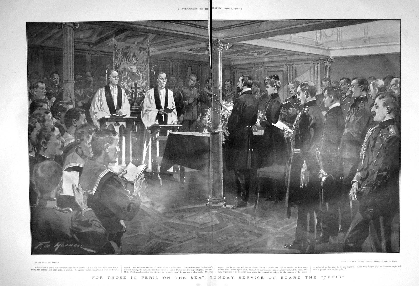 Original Old Antique Print Damaged 1901 Sunday Service Ship Ophir Dalton 20th