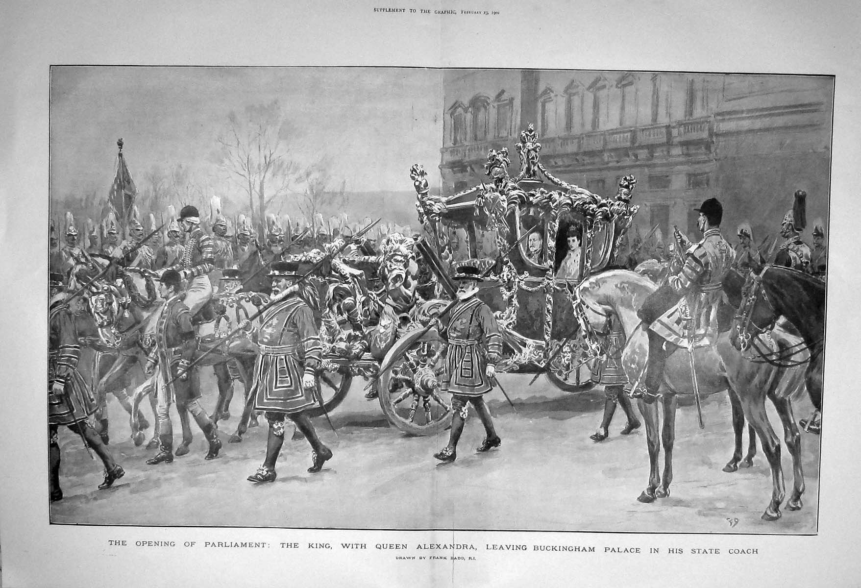 Old Antique Print 1901 Houses Parliament King Queen Alexandra Buckingham 20th
