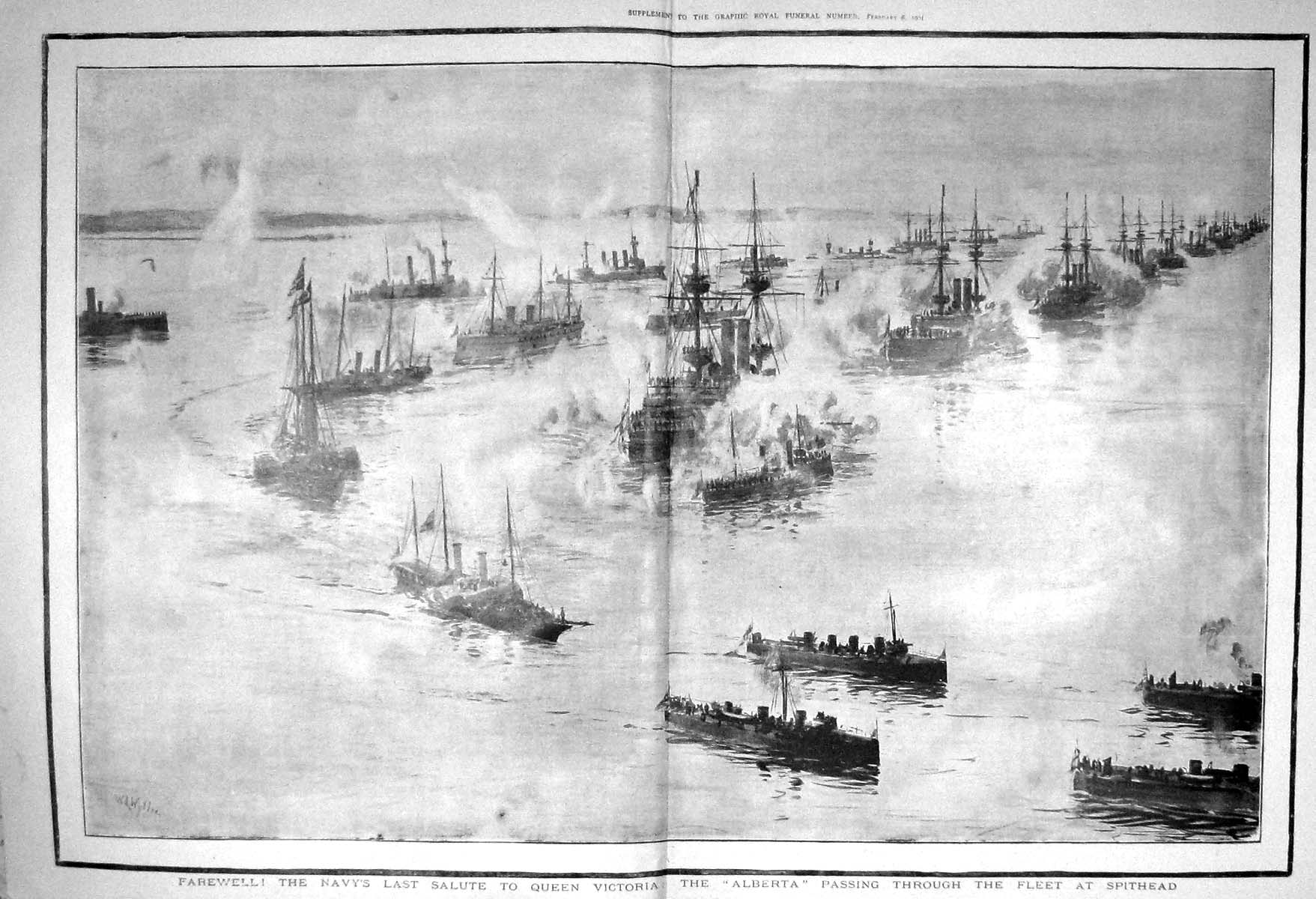 Old Antique Print 1901 Navy Ships Salute Queen Victoria Alberta Spithead 20th