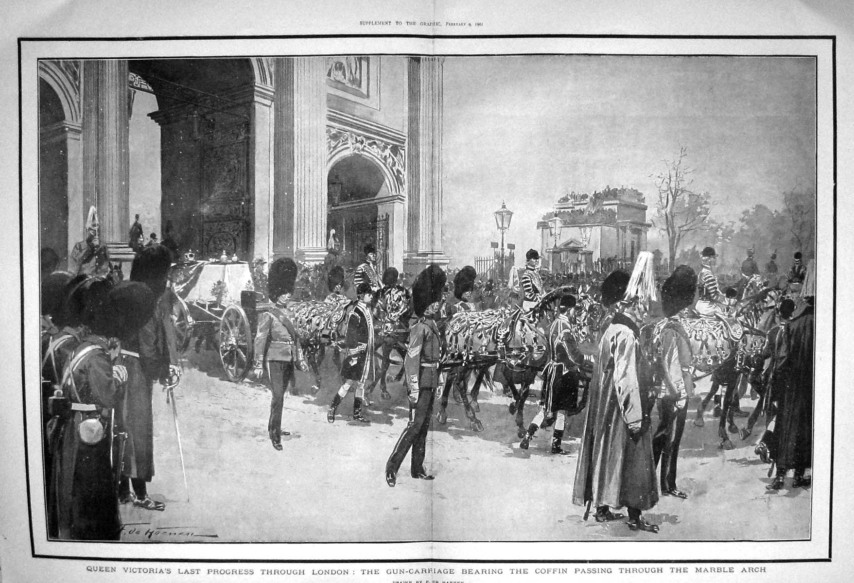 Old Antique Print 1901 Queen Victoria Gun-Carriage London Coffin Marble 20th