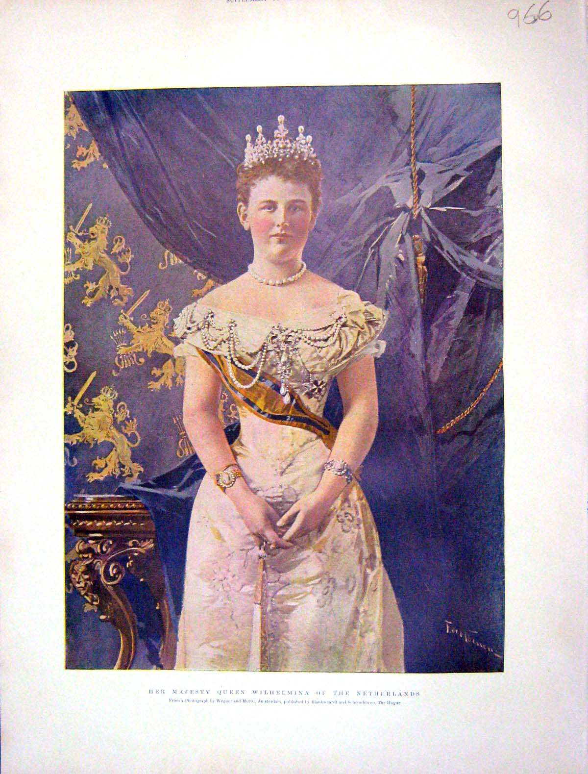 Original Old Antique Print 1901 Colour Portrait Queen Wilhelmina Netherlands