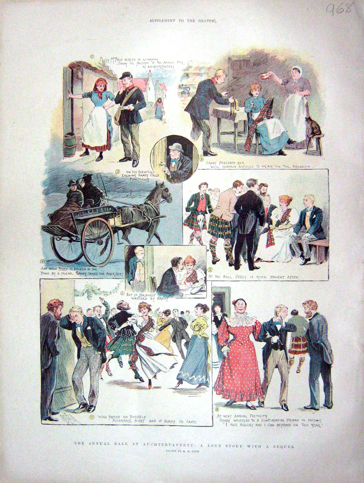 Original Old Antique Print 1901 Ball Auchtertaverty Love Story Romance Colour