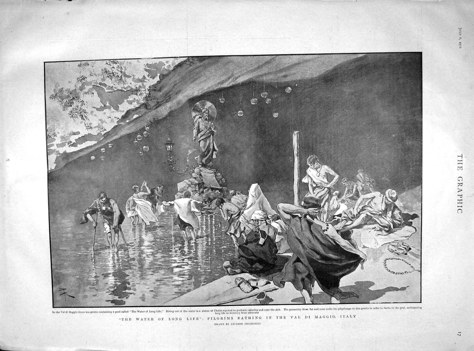 Old Antique Print 1901 Pilgrims Bathing Val Maggio Italy Manners Asquith 20th