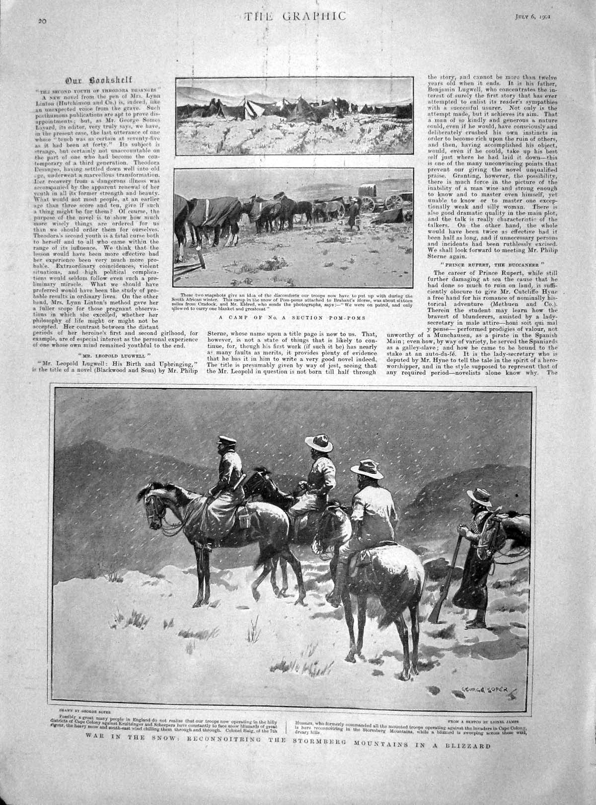 Original Old Antique Print 1901 Camp Pom-Poms Cradock Stormberg Mountains Snow