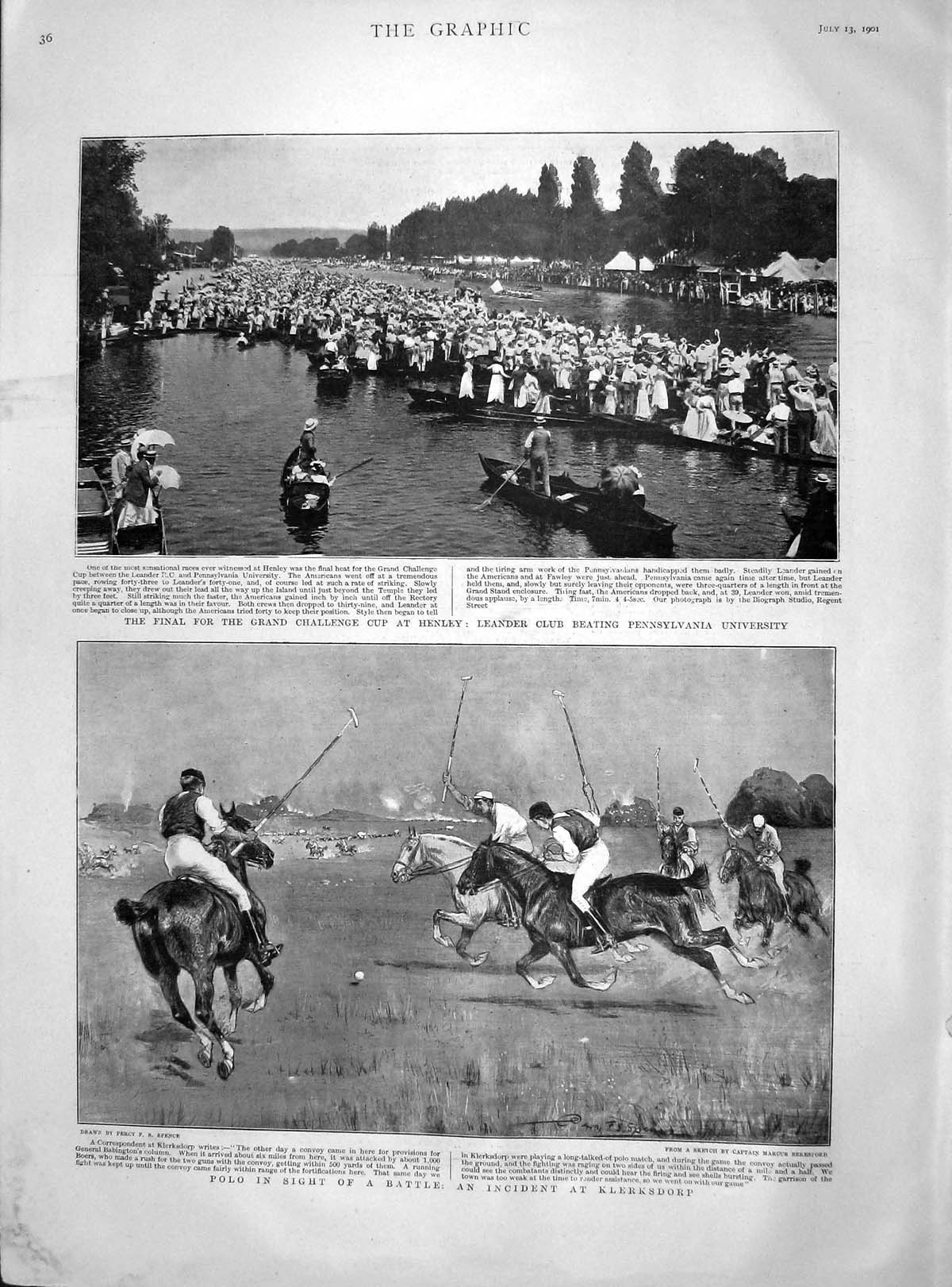 Old Antique Print 1901 Polo Horses Klerksdorp Challenge Cup Henley Boats 20th