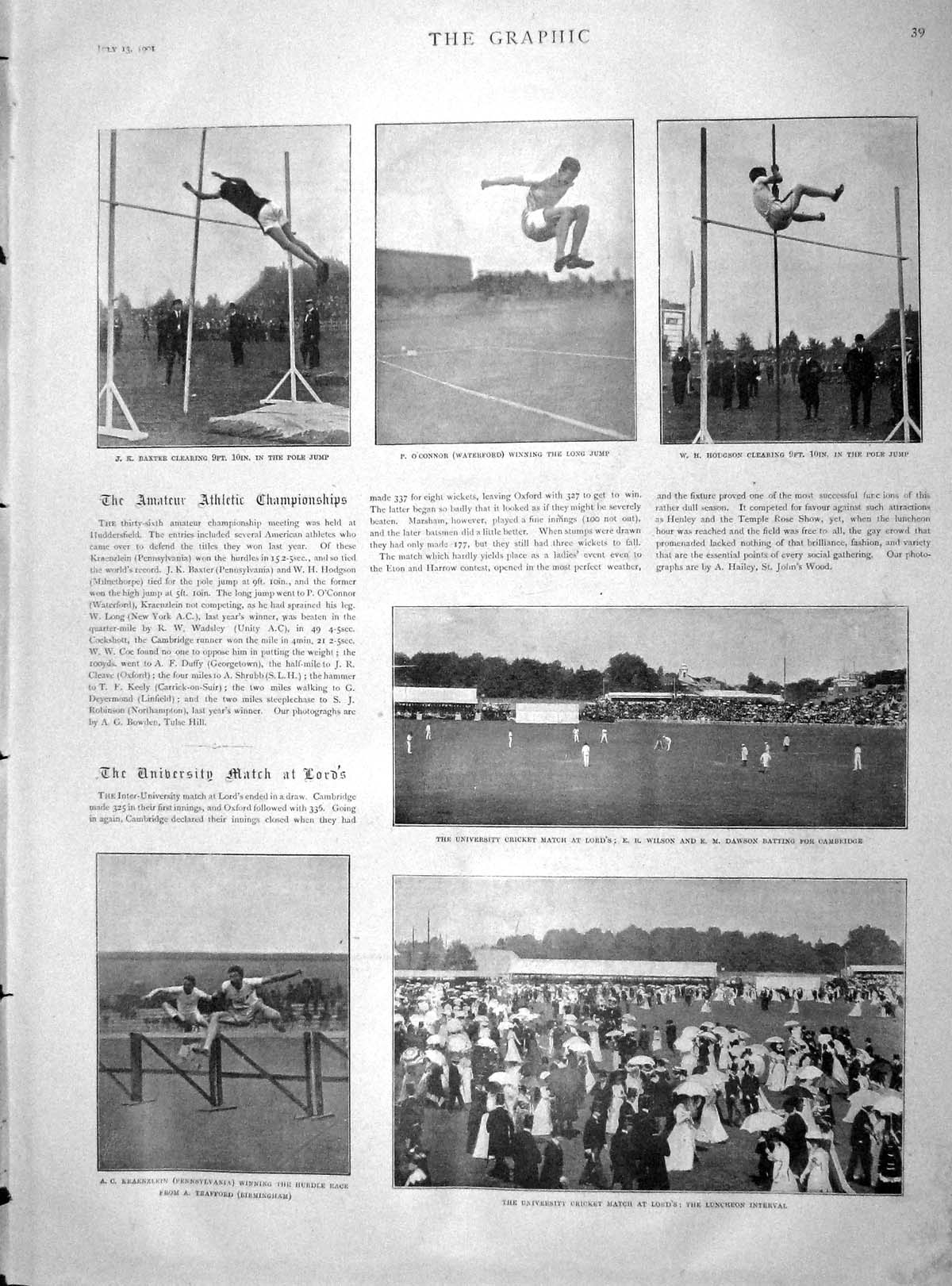 Original Old Antique Print 1901 Athletics Baxter O'Connor Hodgson Cricket Lords