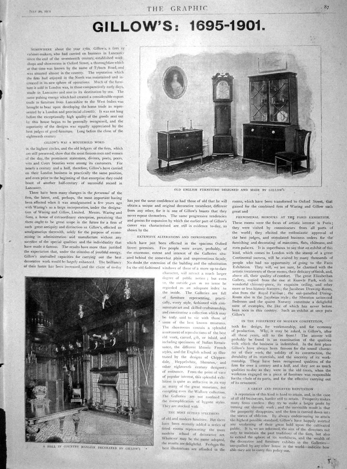 Original Old Antique Print 1901 Gillows English Furniture Hall Country Mansion