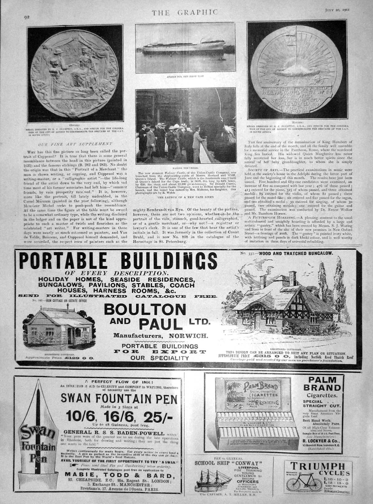 Old Antique Print 1901 Launch Cape Liner Walmer Castle Medal Frampton Pen 20th