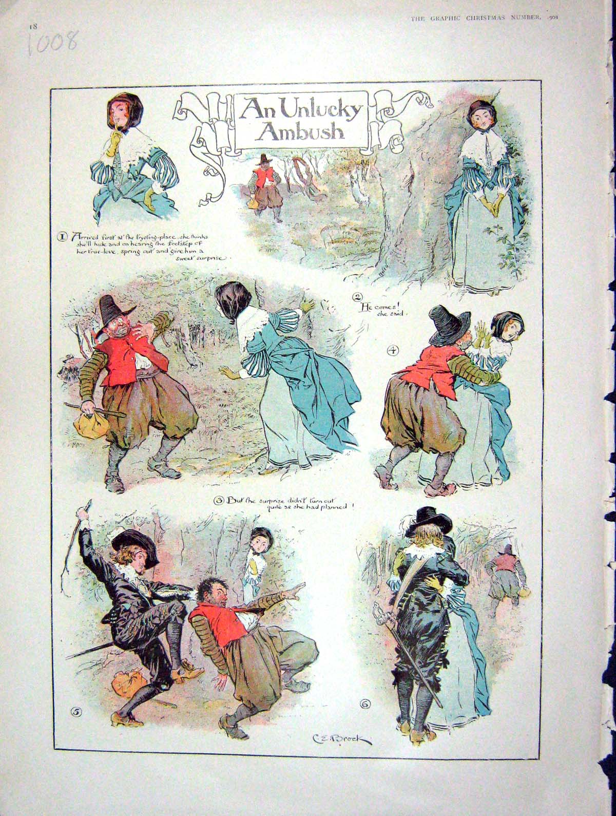 Original Old Antique Print 1901 Colour Unlucky Ambush Robber Man Lady 20th