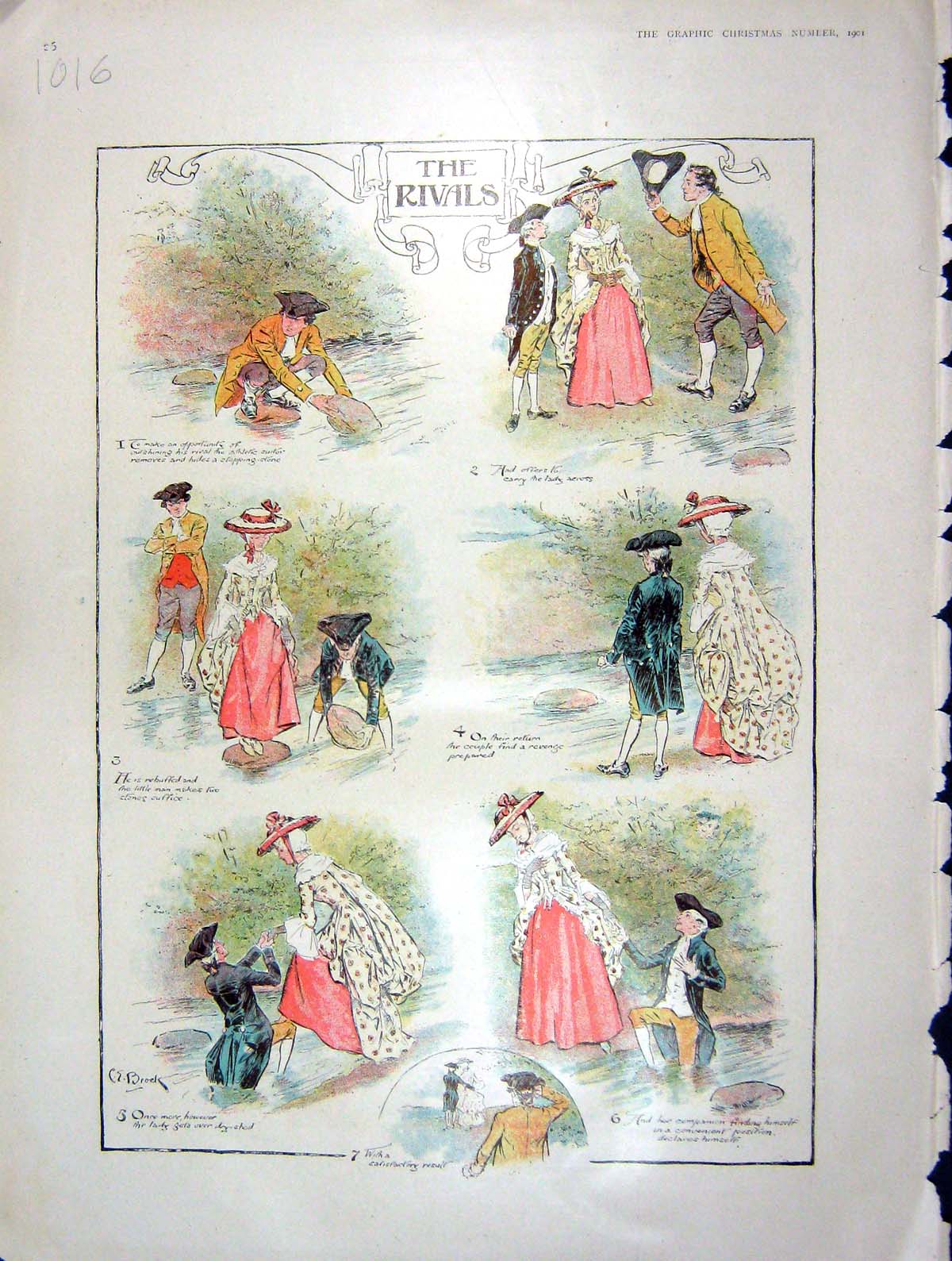 Original Old Antique Print 1901 Story Romance Rivals Motor Car Crash Colour
