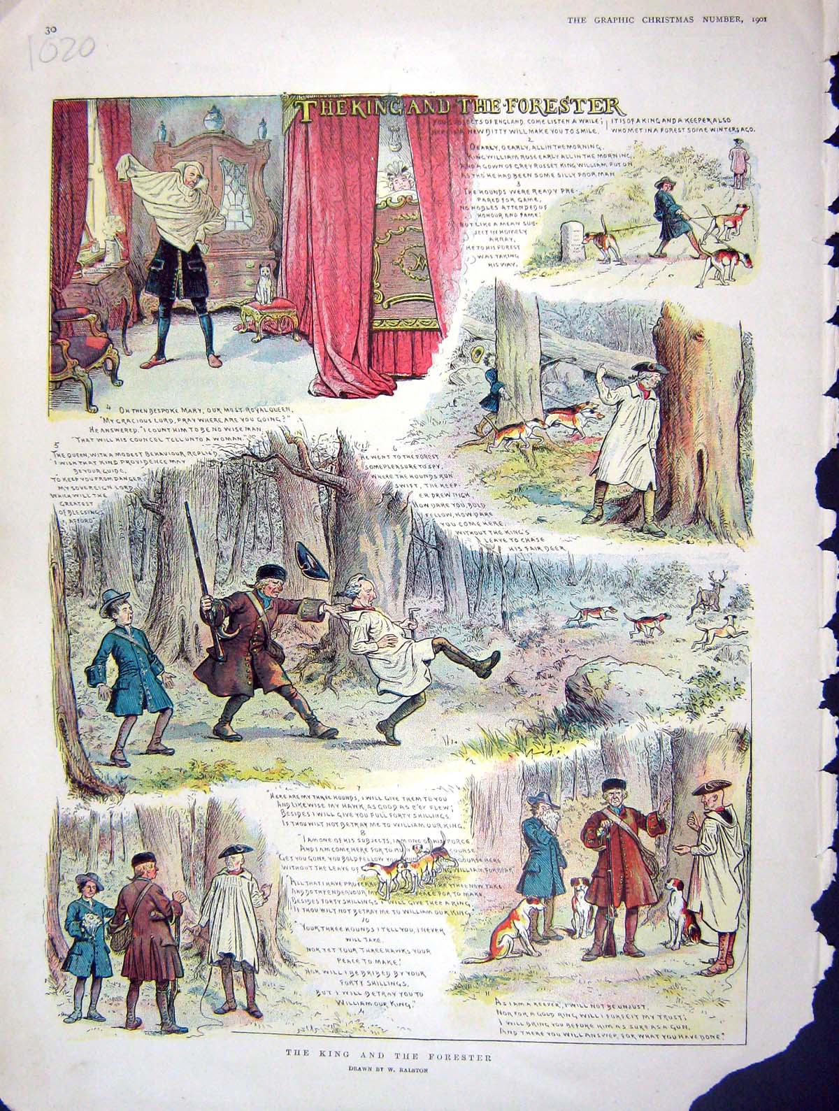 Old Antique Print 1901 Story Illustration King Forester Hunting Hounds 20th