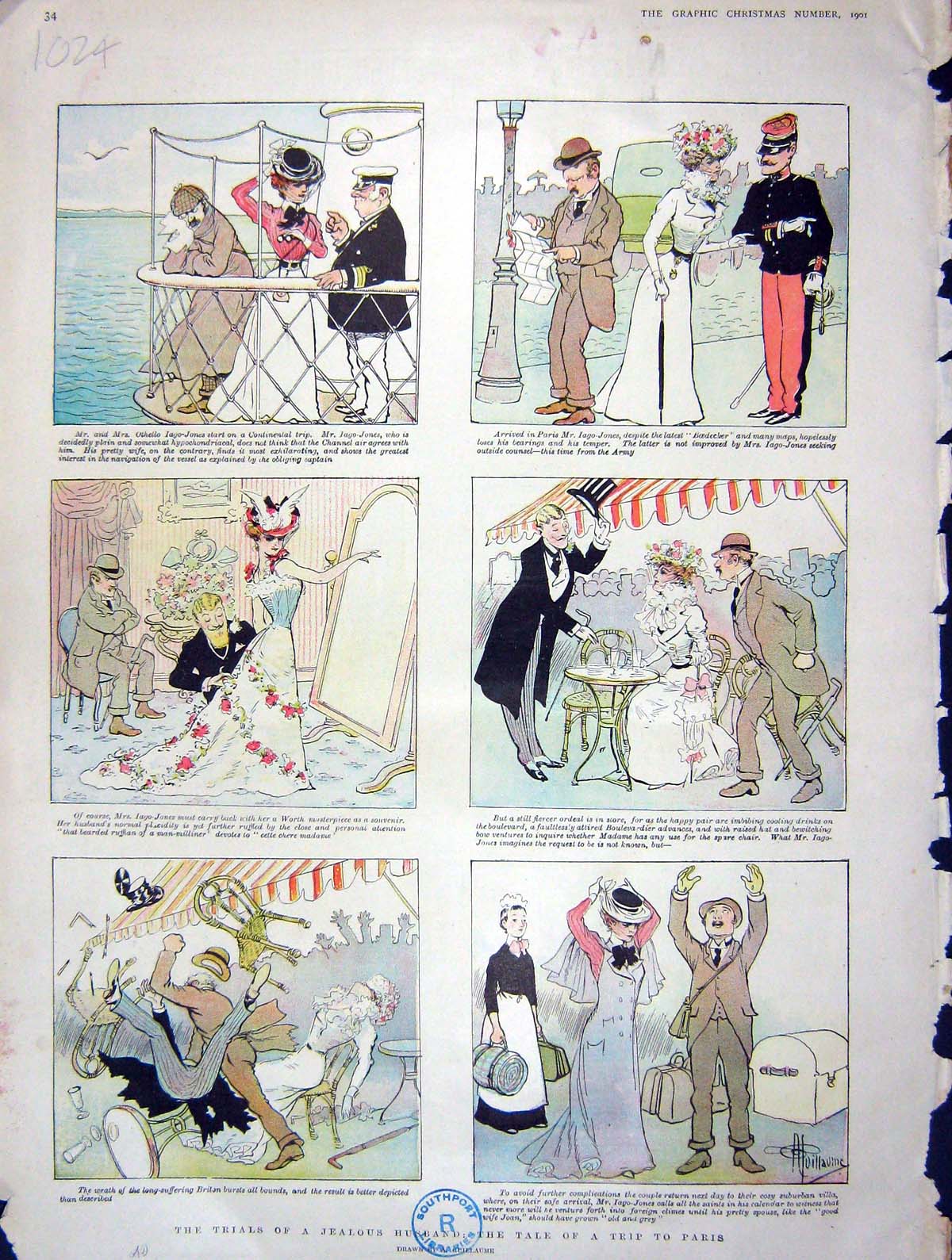 Original Old Antique Print 1901 Colour Trial Jealous Husband Paris Romance