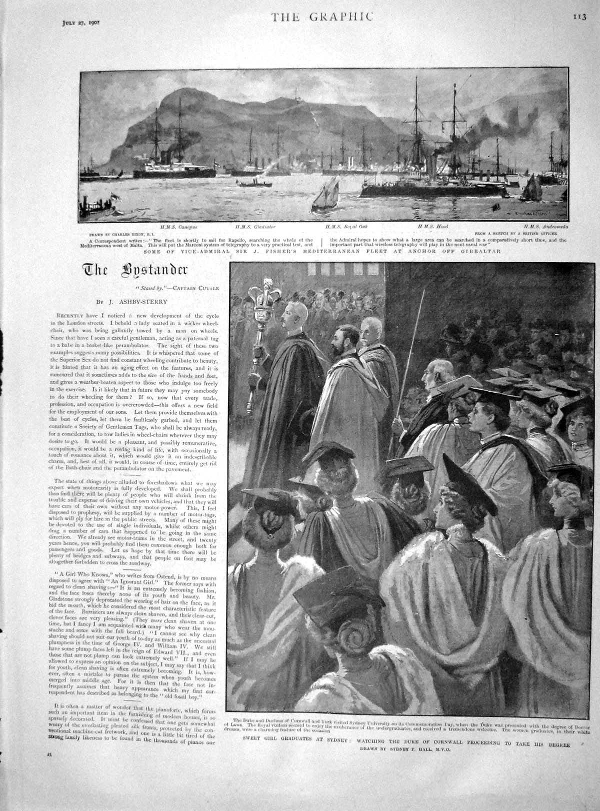 Old Antique Print 1901 Girl Graduates Sydney Duke Cornwall Fisher Ships 20th
