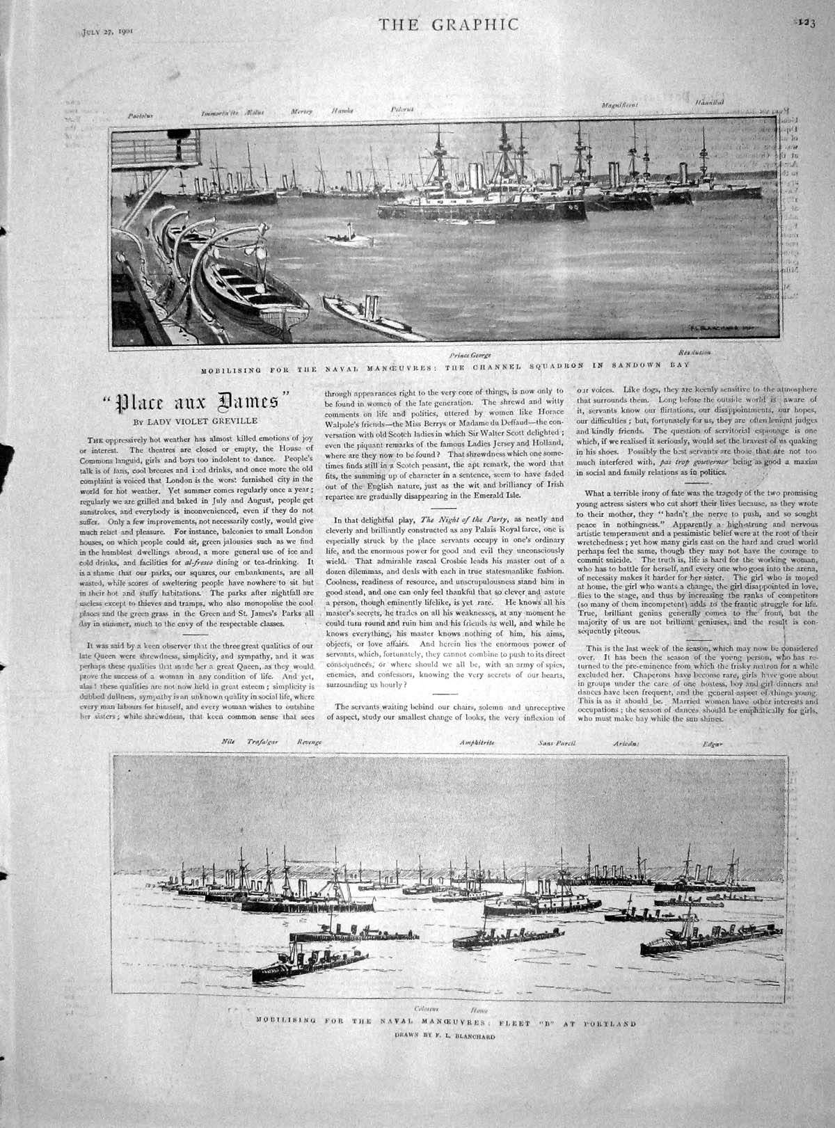 Original Old Antique Print 1901 Channel Squadron Sandown Ships Portland Hawke