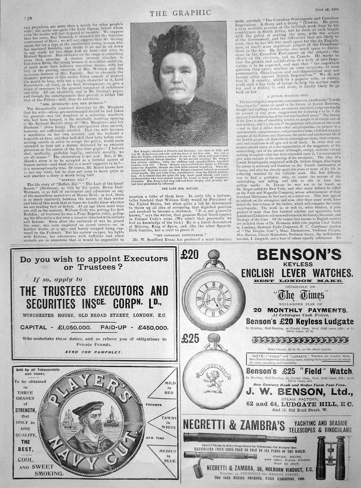 Original Old Antique Print 1901 Portrait Kruger Pretoria Benson Watches Players