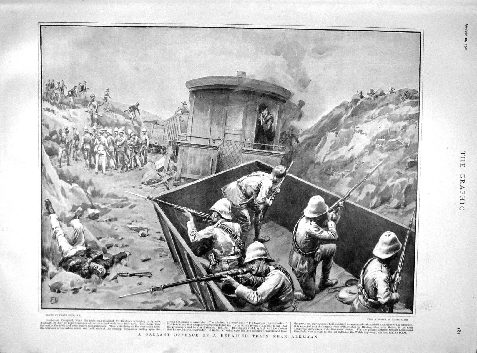 Original Old Antique Print 1901 Lieutenant Campbell Derailed Train Alkmaan War