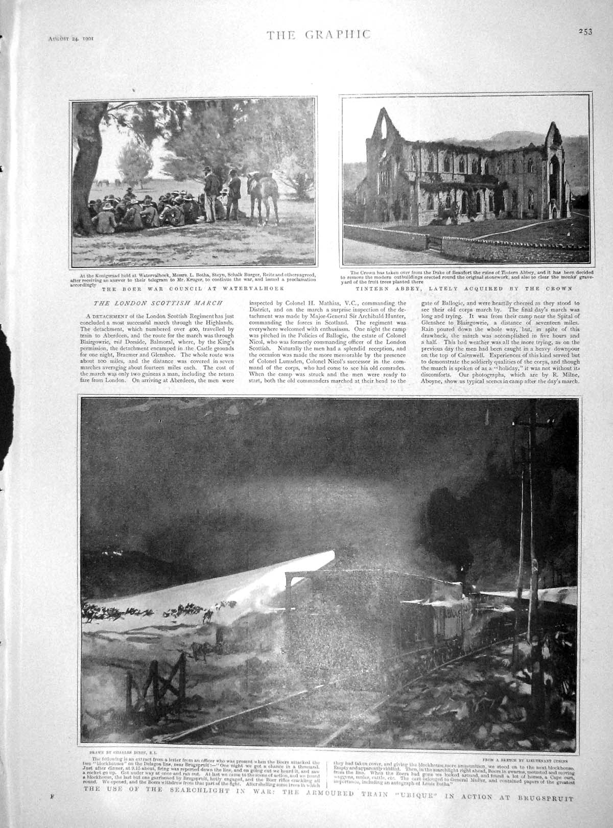 Original Old Antique Print 1901 Boer War Watervalhoek Train Ubique Brugspruit