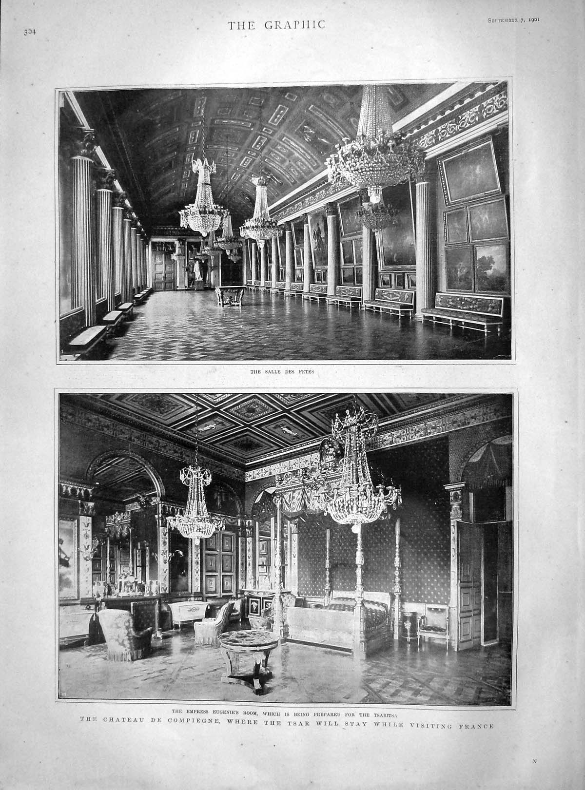 Old Antique Print 1901 Chateau Compiegne Tsar Salle Fetes Napoleon Room 20th