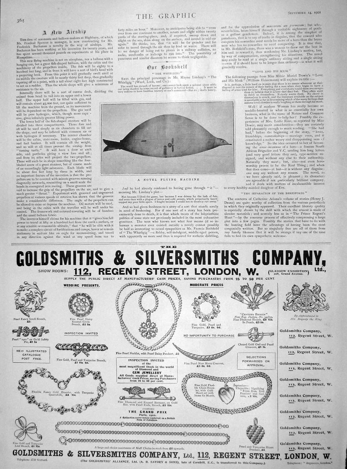Original Old Antique Print 1901 Novel Flying Machine Airship Spencer Gsmith