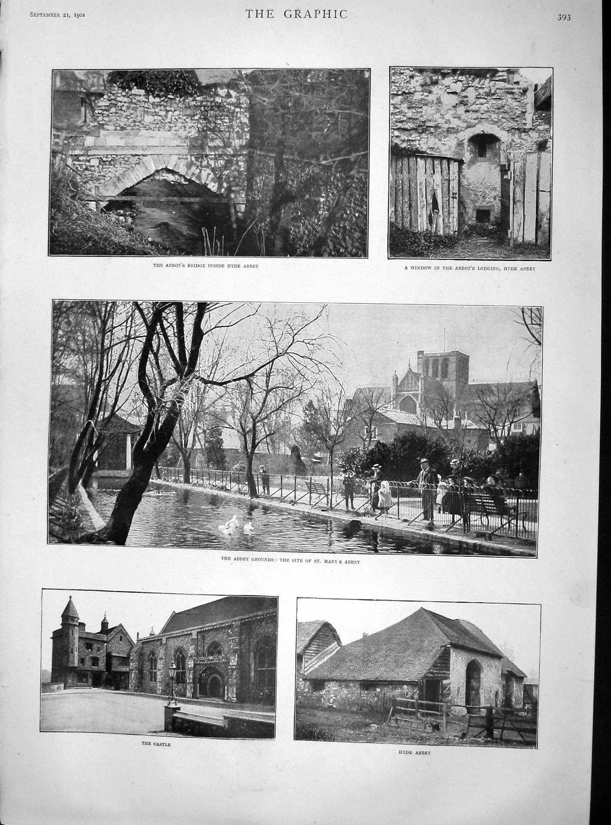 Original Old Antique Print 1901 Abbot Lodging Bridge Hyde Abbey Mary'S Castle