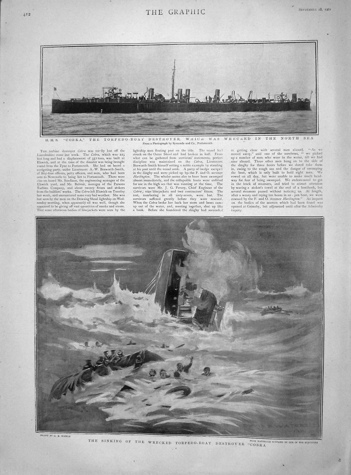 Original Old Antique Print 1901 Sinking Torpedo Boat Destroyer Cobra North Sea