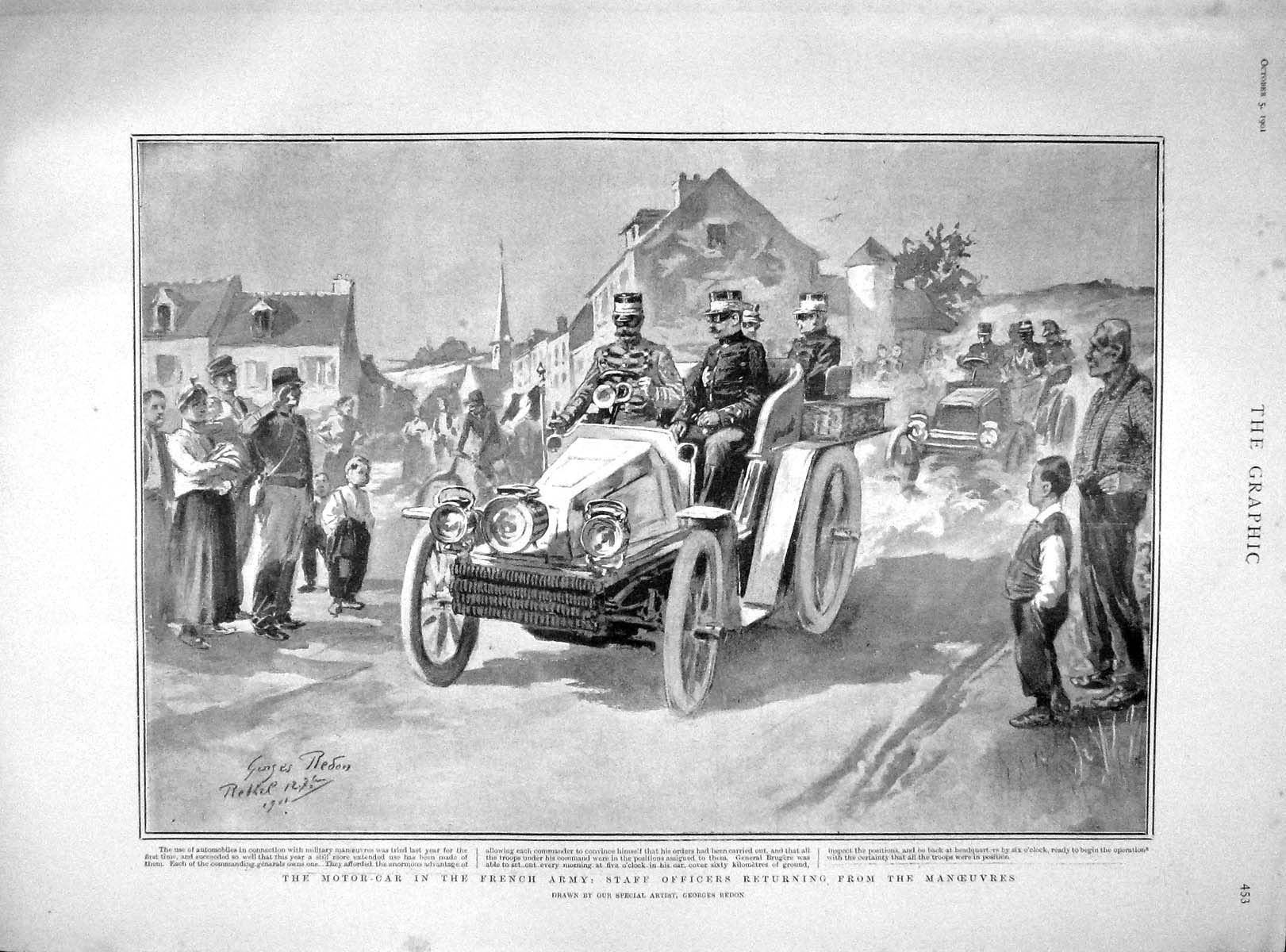 Original Old Antique Print 1901 Motor Car French Army Staff Officers Siers 20th