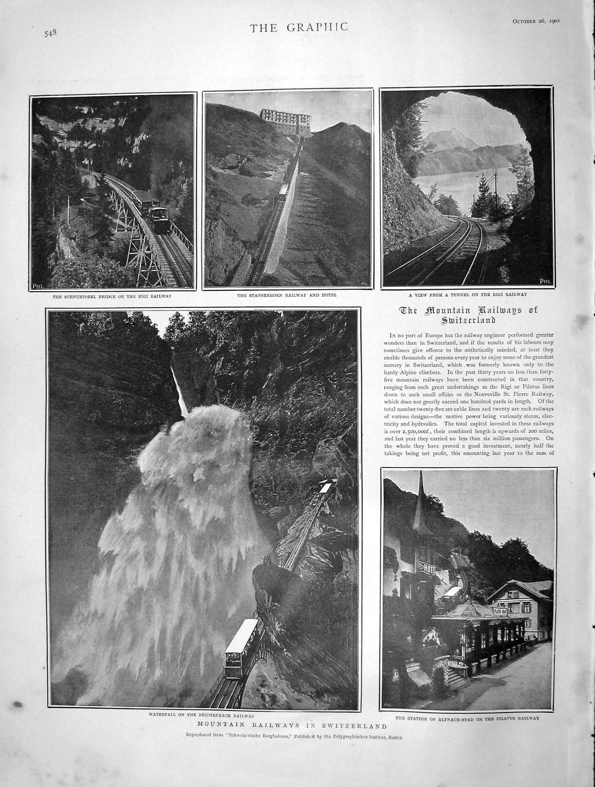 Original Old Antique Print 1901 Mountain Railway Switzerland Train Reichenbach