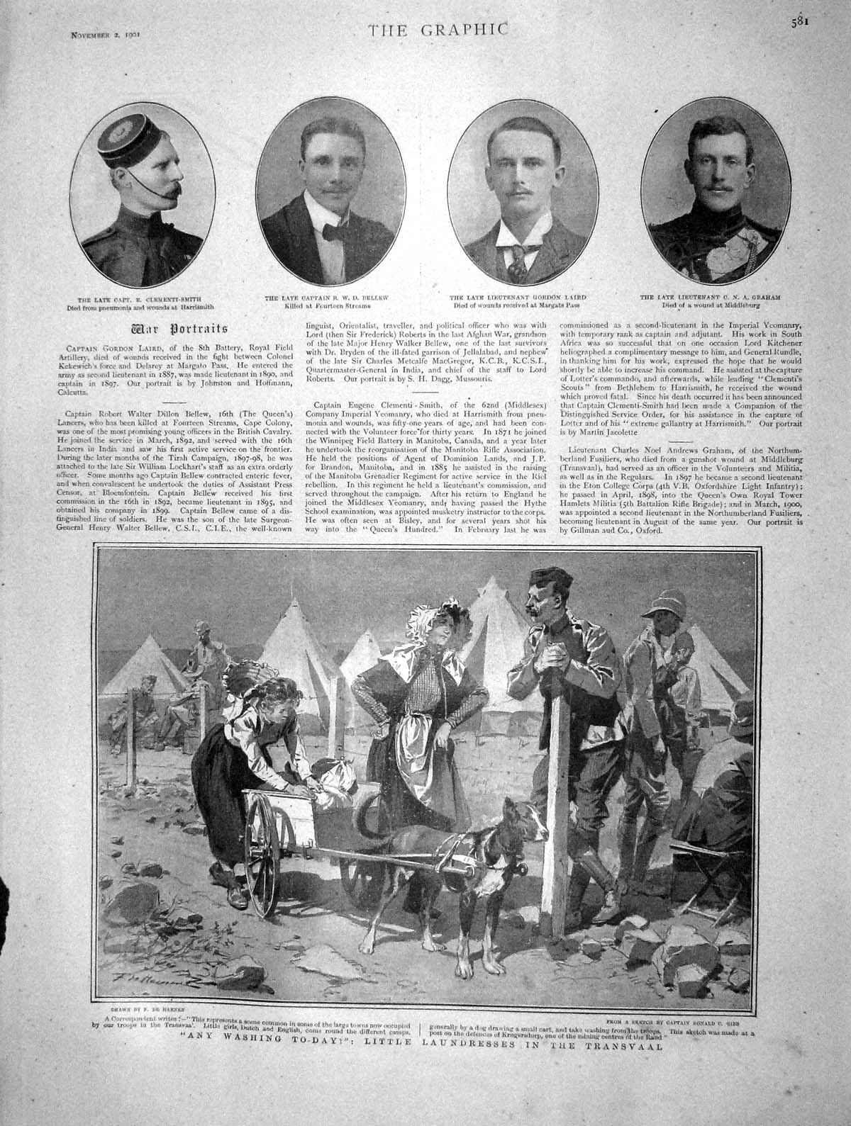 Old Antique Print 1901 Clementi-Smith Bellew Graham Transvaal Laundry War 20th