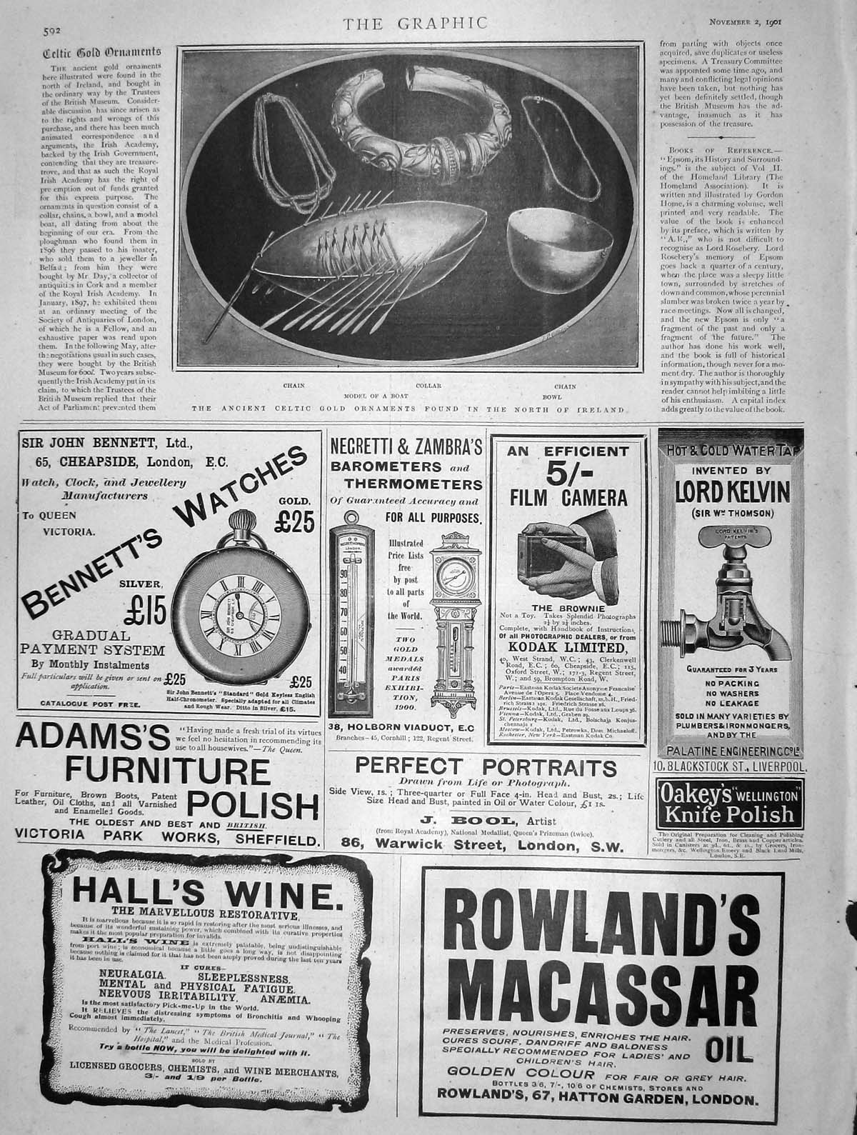 Original Old Antique Print 1901 Celtic GOrnaments Ireland Chain Bennett Watch
