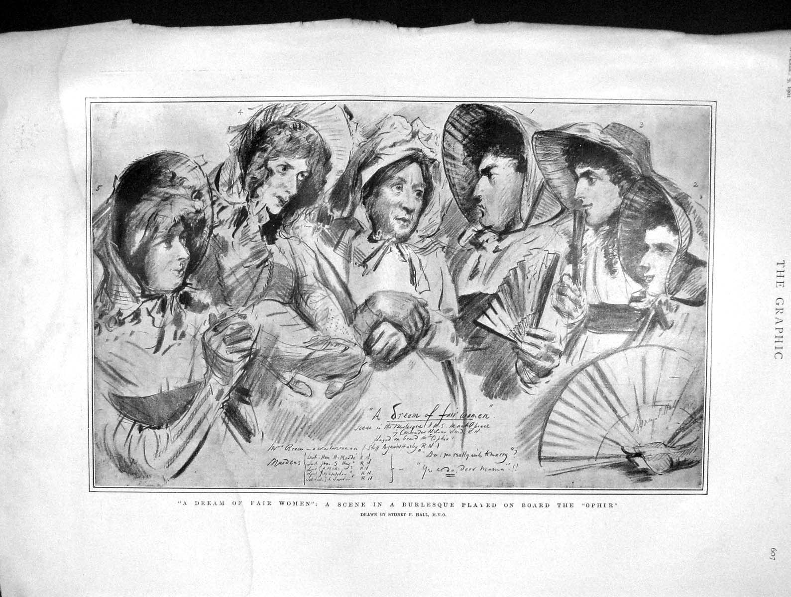 Old Antique Print 1901 Burlesque Ophir Ship Duke Cornwall Victoria Banner 20th