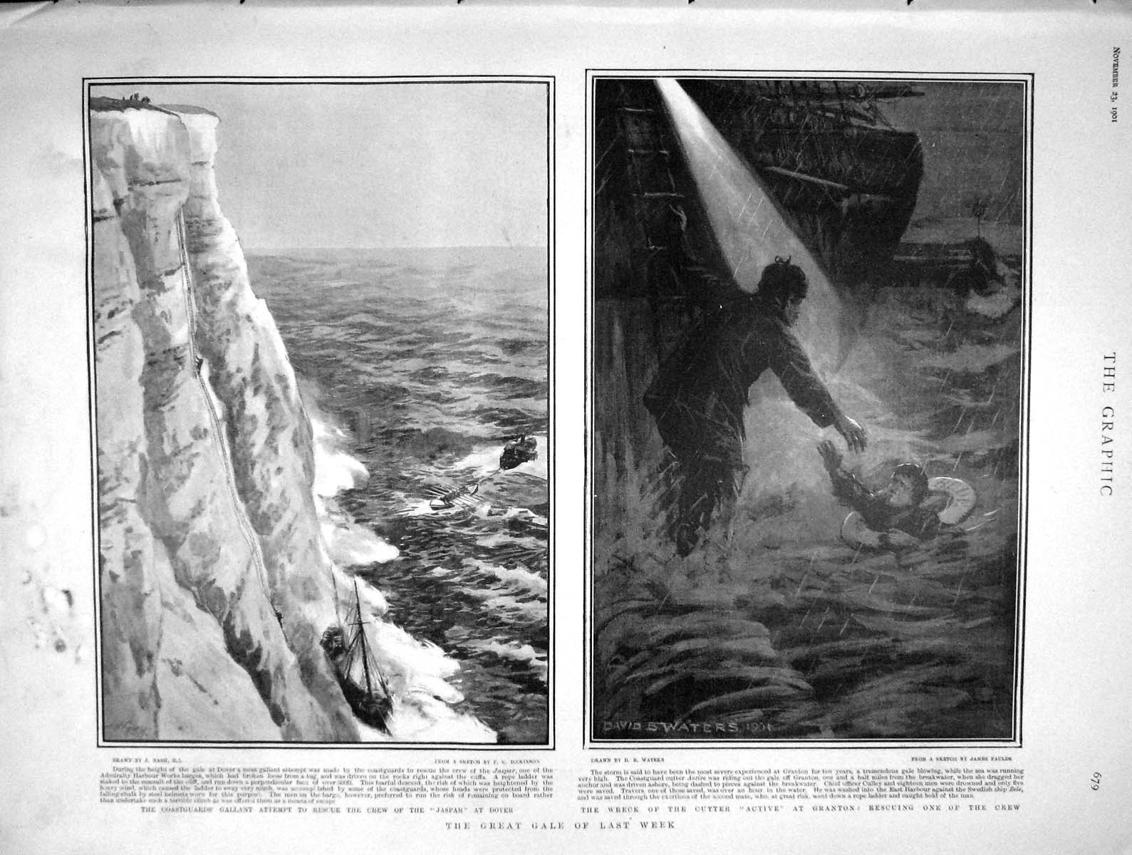 Original Old Antique Print 1901 Storm Ship Wreck Hampton Le Nord Active Granton