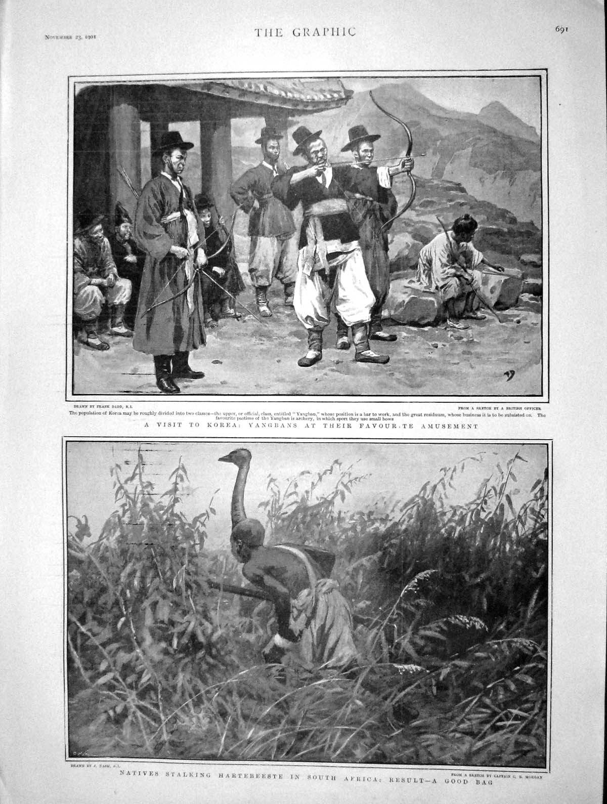 Old Antique Print 1901 Korea Yangbans Stalking Hartebeeste Africa Sport 20th