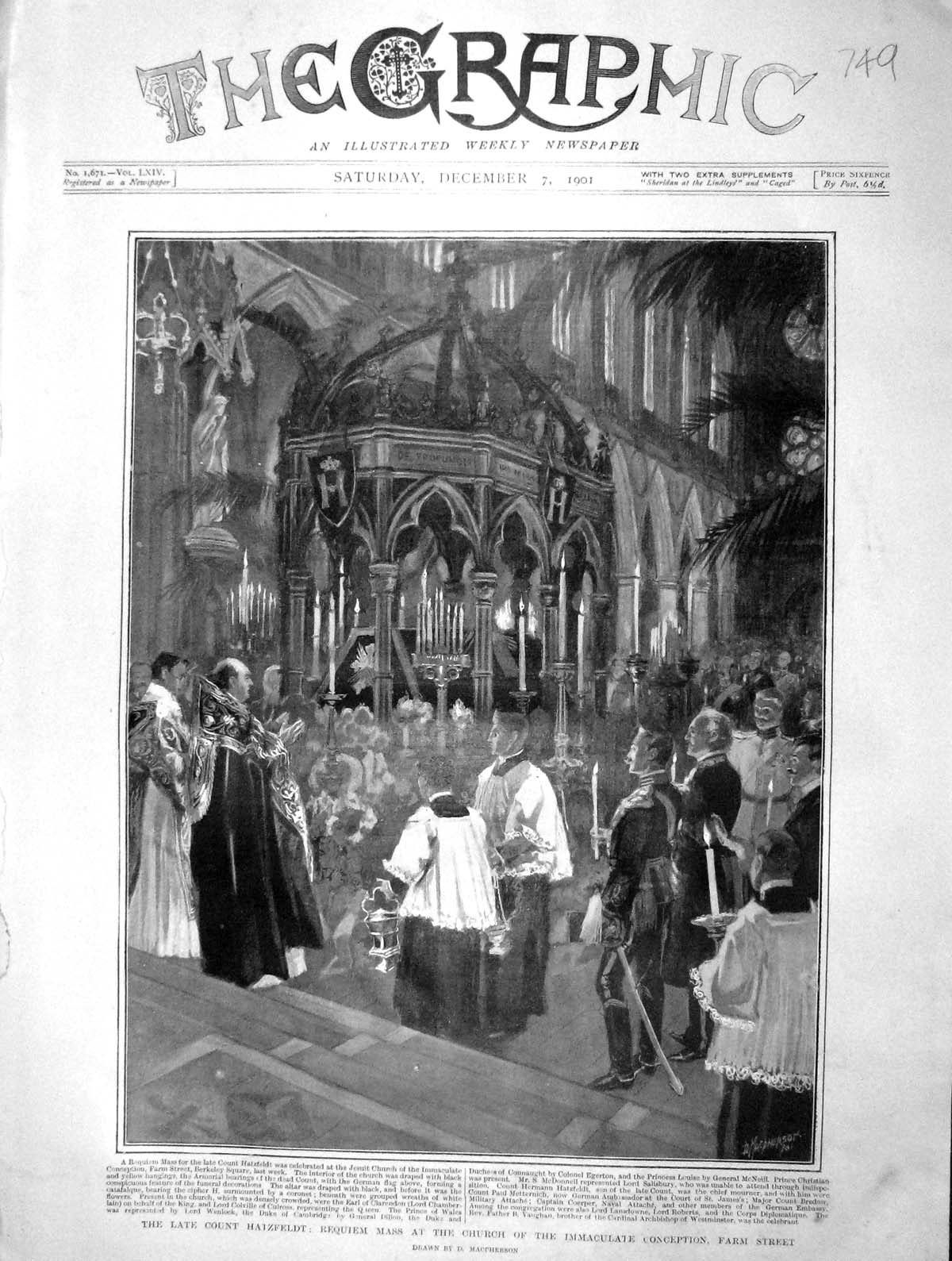 Original Old Antique Print 1901 Count Hatzfeldt Requiem Mass Church Conception