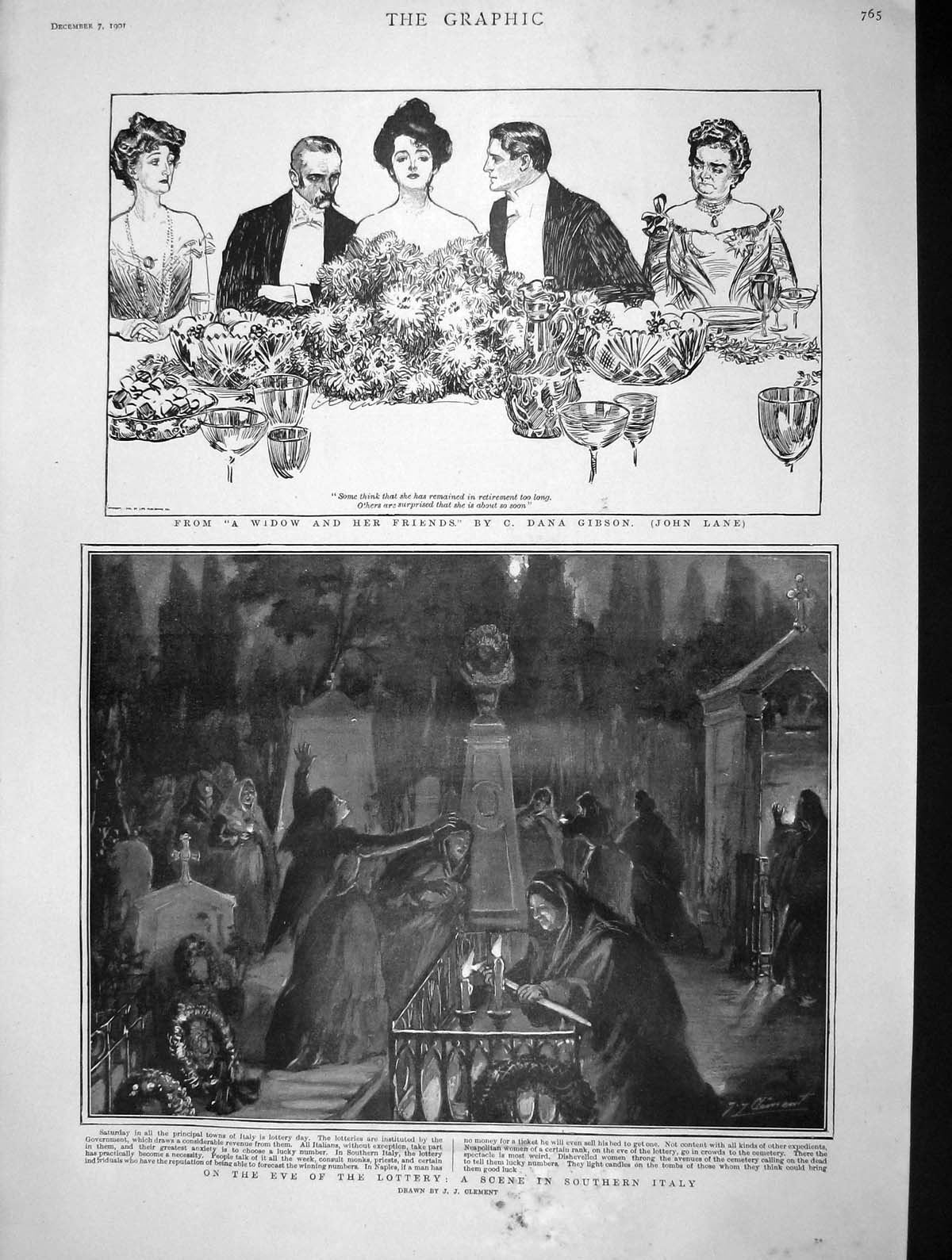 Original Old Antique Print 1901 Lottery Italy Naples Widow Friends Dana Gibson