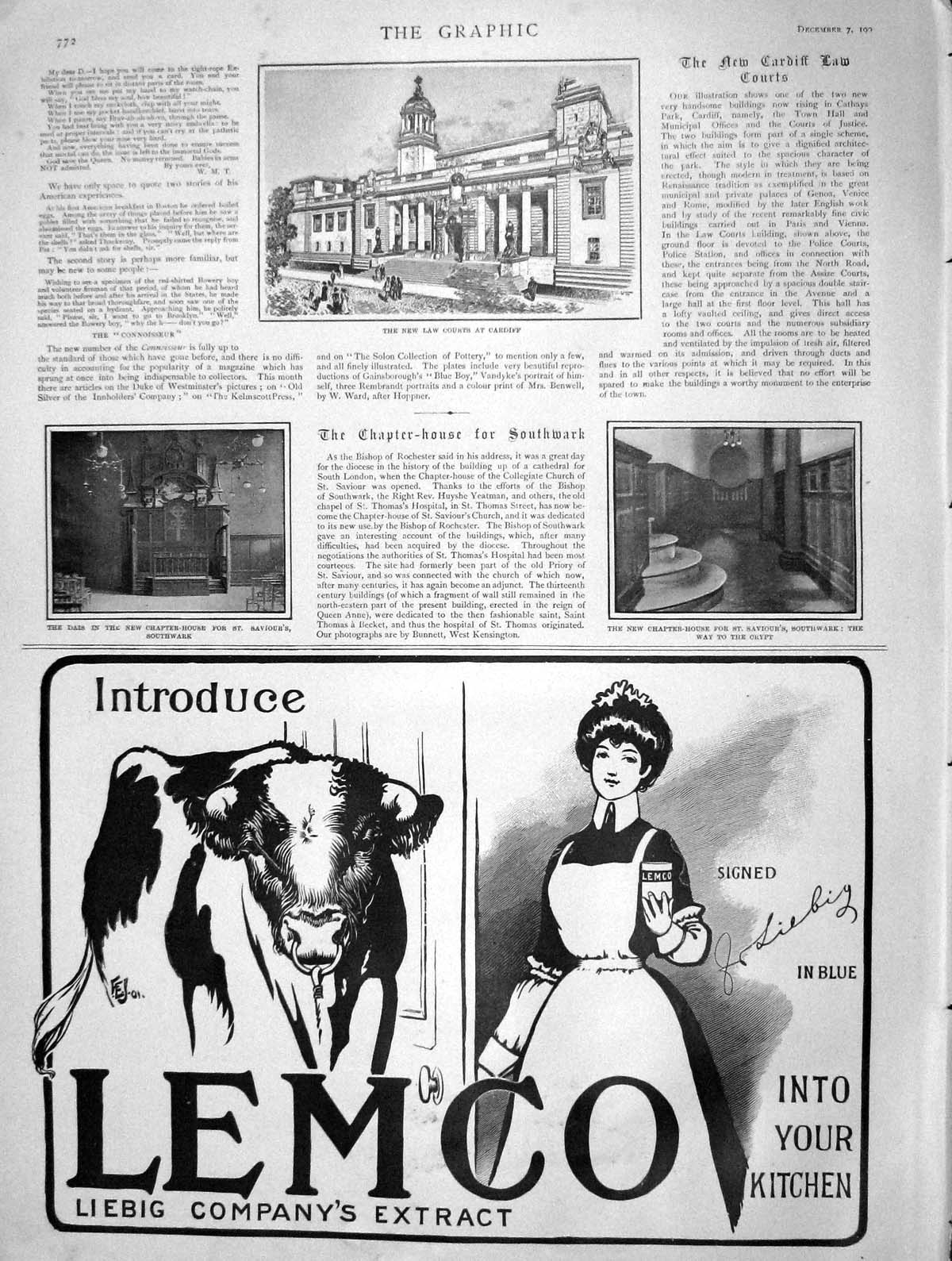 Original Old Antique Print 1901 New Law Courts Cardiff Dais Saviour'S Southwark