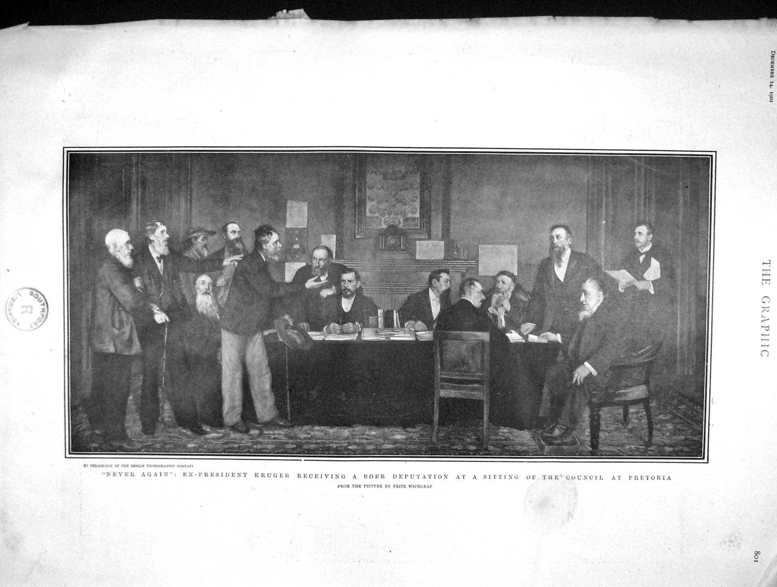 Original Old Antique Print 1901 Ex-President Kruger Boer Council Pretoria Men