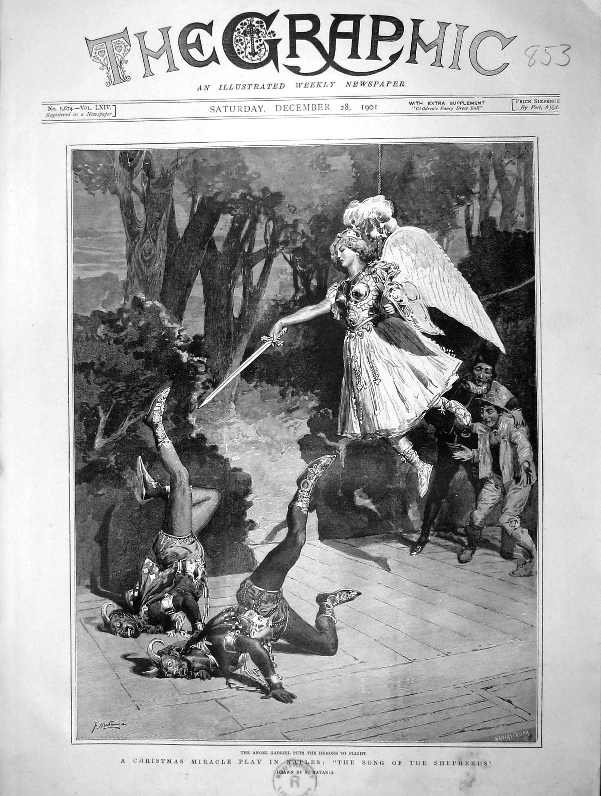 Original Old Antique Print 1901 Christmas Miracle Play Naples Shepherds Gabriel