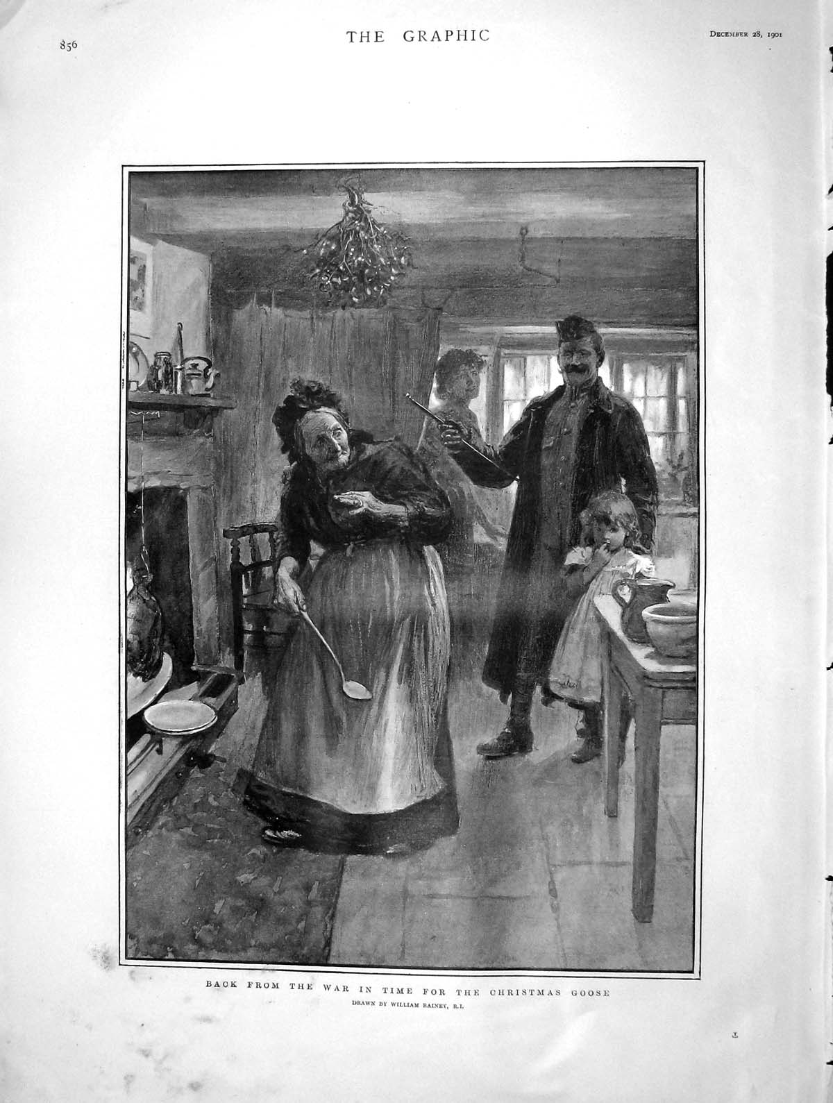 Original Old Antique Print 1901 Sier Home War Christmas Goose Family Scene 20th