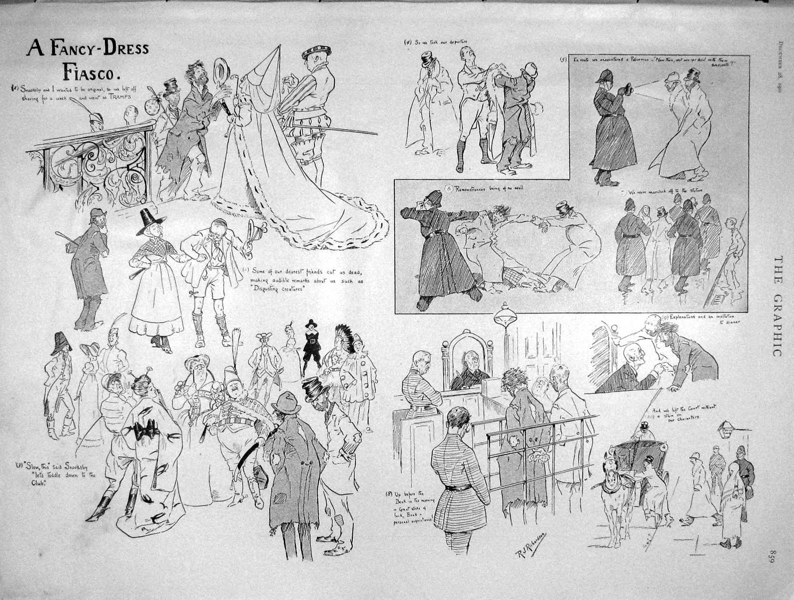 Original Old Antique Print 1901 Fancy Dress Fiasco Policeman Costumes Court