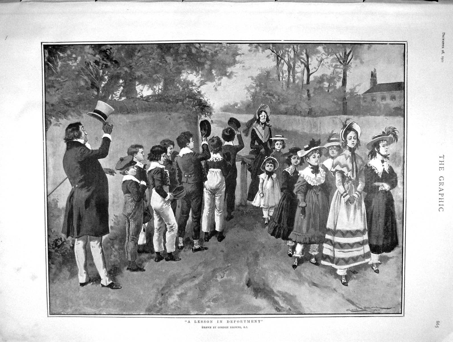 Original Old Antique Print 1901 Children Lesson Deportment Bull Fight Deutsch