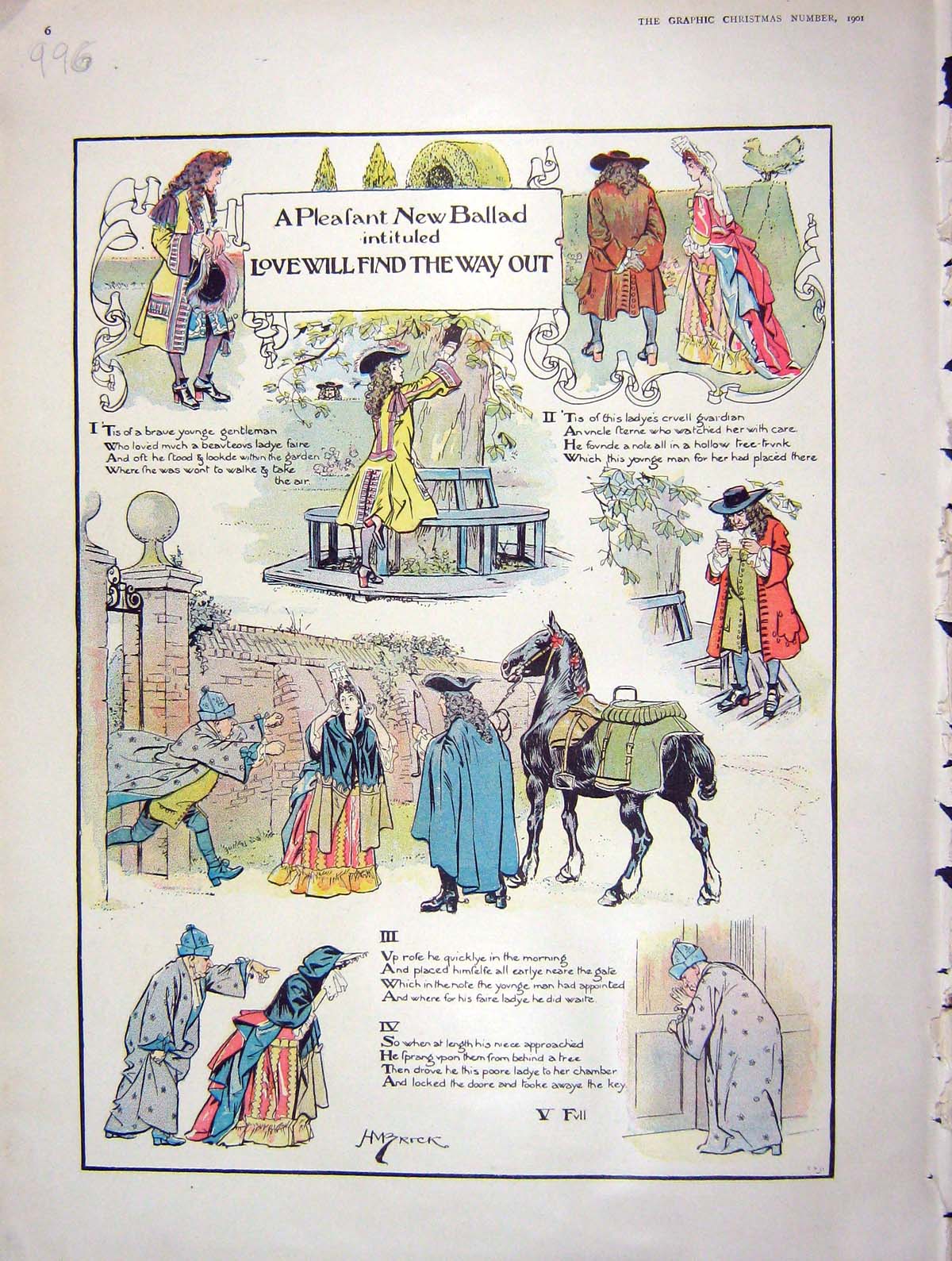 Old Antique Print 1901 Story Pleasant Ballad Love Will Find The Way Out 20th